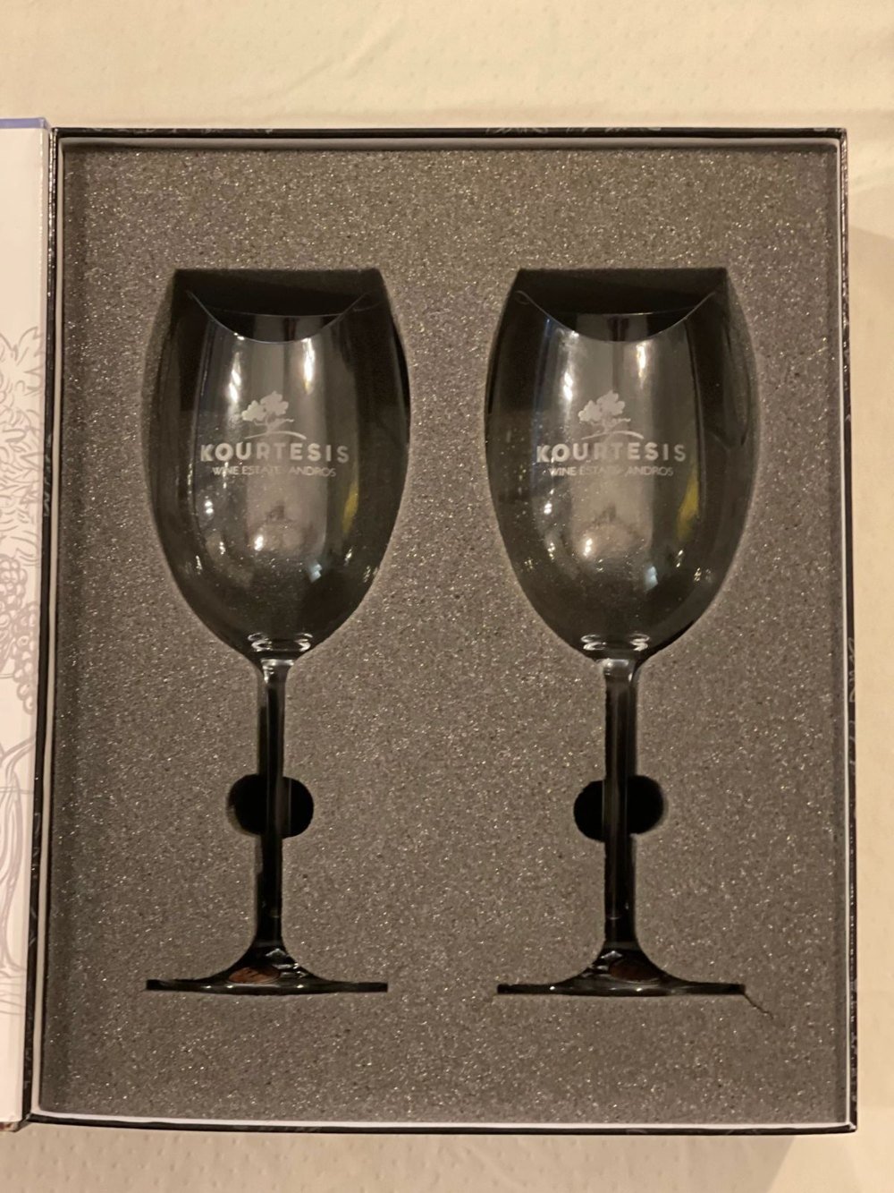 Custom winery gift box holding two Les Aromes glasses